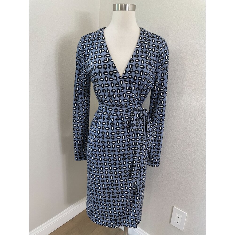 Ann Taylor Womens‎ 12 Long Sleeve Wrap Dress Blue Geometric Stretch